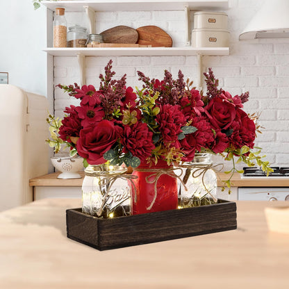 BLEUM CADE Centerpiece Table Decorations - Mason Jar Lights Centerpiece for Kitchen Dining Table Farmhouse Coffee Table Wedding Home Decor with 3 Jars Artificial Flowers & Wood Tray
