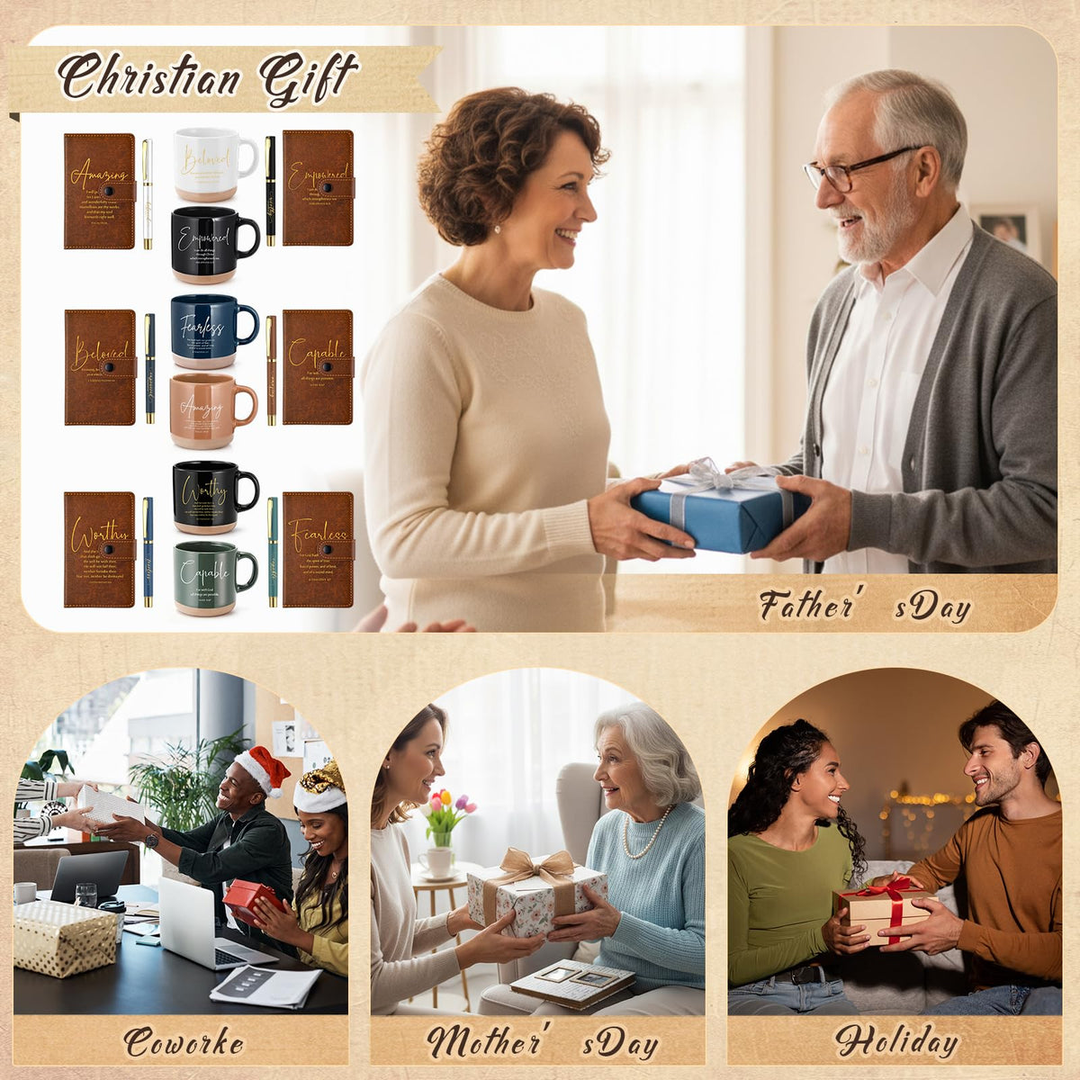 Potchen 18 Pcs Christian Gift Set for Women Men, 13oz Bible Verse Ceramic Coffee Mugs with Leather Journal Pen Inspirational Religious Gifts for Office Coworkers Pastor Church (Bible,Neutral Brown)
