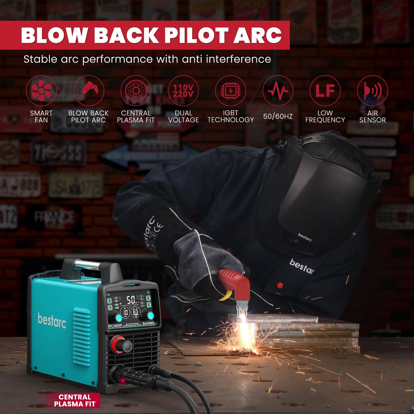 bestarc Plasma Cutter, [Blow Back Pilot Arc][Large LED][Air Sensor] 50A Non-HF CNC bestarc Plasma Cutter Machine 110V/220V Dual Voltage, 5/8" Clean Cut 1" Max Cut, Post Flow, 2T/4T for Beginners DIY