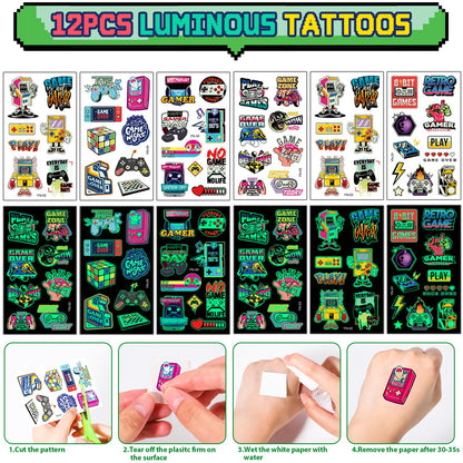 Winrayk 12 Sets Video Game Party Favors Gamer Birthday Supplies, Gaming Drawstring Bag Silicone Wristband Glow In The Dark Tattoos Keychain, Kid Game On Goodie Bag Stuffers Gamer Party favors Supplies