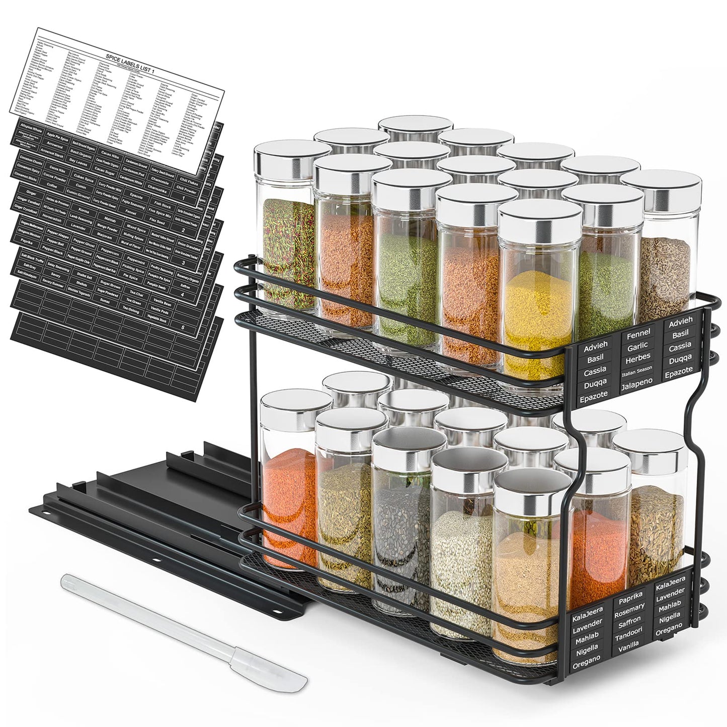 SpaceAid Pull Out Spice Rack Organizer for Cabinet, Heavy Duty Slide Out Seasoning Kitchen Organizer, Cabinet Organizer, with Labels, 4.5" W x10.75 D x8.5 H, 1 Drawer 2-Tier
