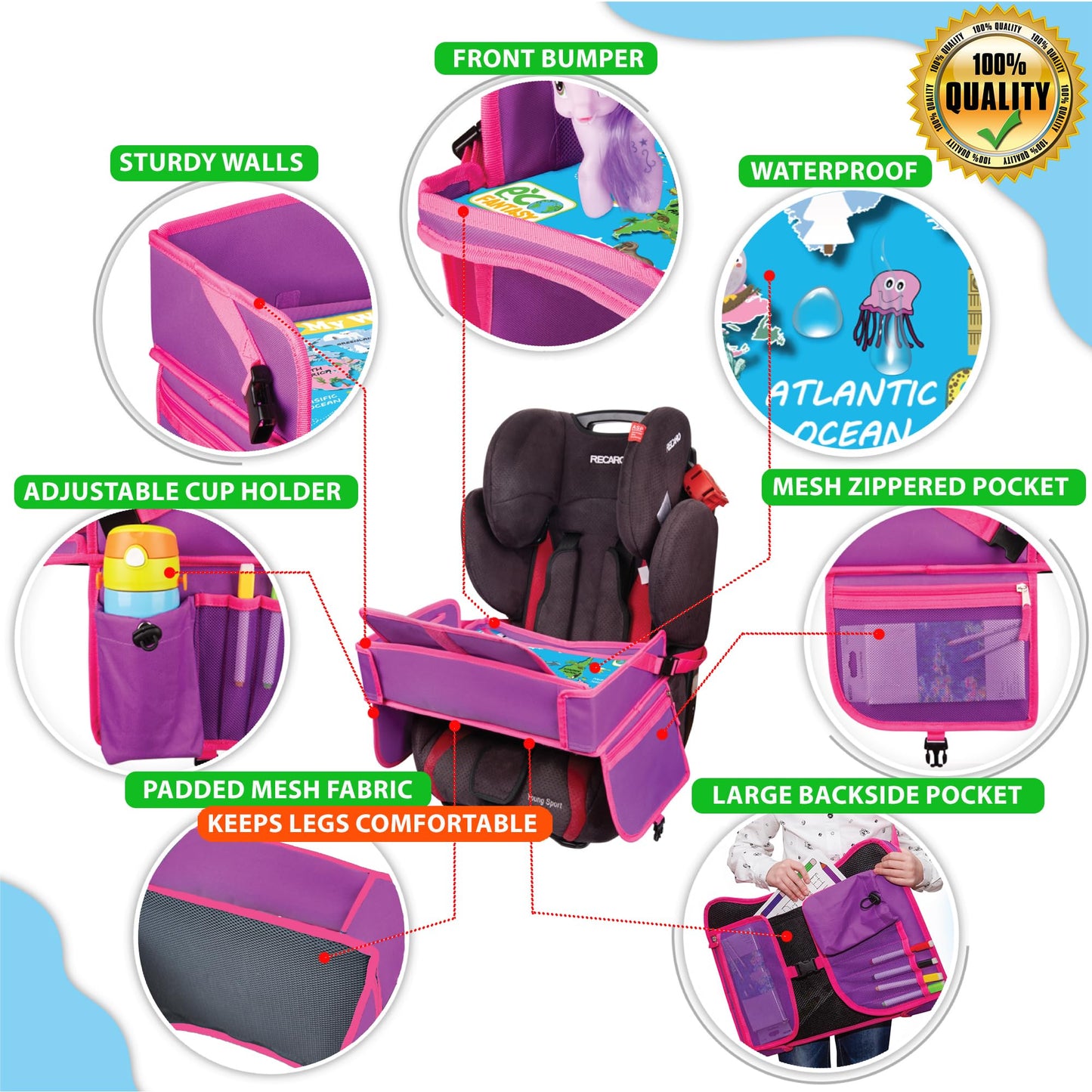 ECOFANTASY Kids Travel Tray - Waterproof Lap Table with No-Drop Large Tablet Holder - Car Seat Tray - Road Trip Essentials Kids - Car Desk Organizer for Airplane - Toddler Travel Essentials (Pink)