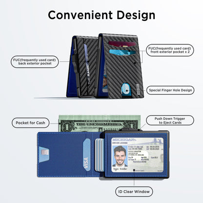 Wallet for Men - Pop Up Case, Cash Slot, and Credit Card Slot - Slim Aluminum Wallet with RFID Blocking, Minimalist Leather Wallet Front Pocket with ID Window, Gift Box (Carbon Fiber), Carbon Blue