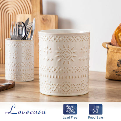 LOVECASA Utensil Holder, 7.2"+5.4" Ceramic Utensil Holder for Countertop, Large Cooking Utensil Crocks for Kitchen Counter, Farmhouse Utensil Vase for Housewarming, Kitchen Decor, Set of 2, Oasis