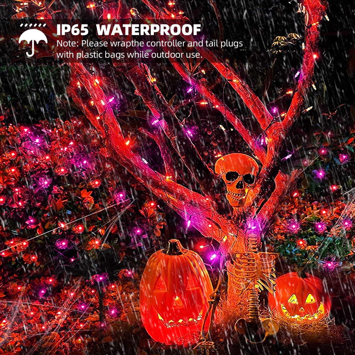 VTECHOLOGY 100 LED Motion Sensor Orange & Purple Halloween String Lights,33ft USB & Battery Operated Halloween Light String with Spooky Music for Halloween Holiday Indoor Decor