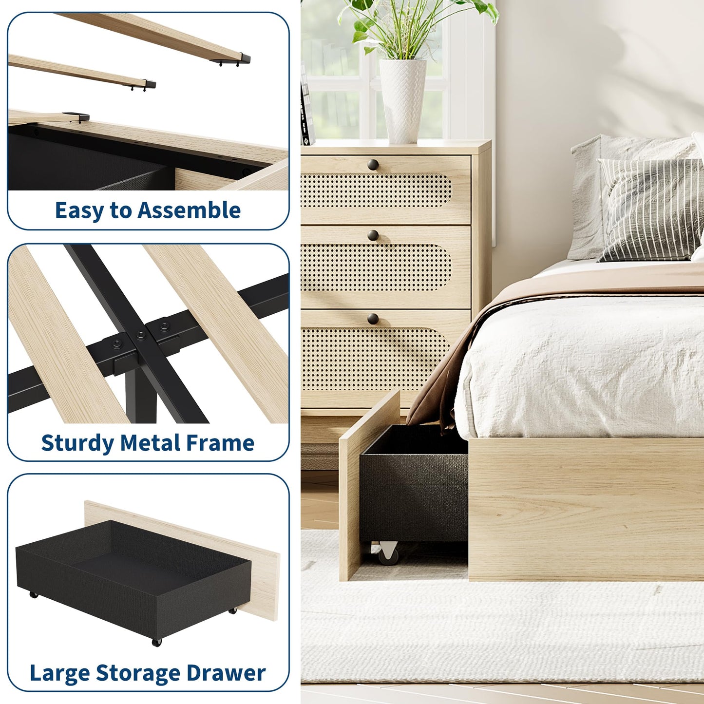 Garvee Queen Bed Frame with 2 Storage Drawers, Wood Platform Floor Bed Frame Without Headboard, Wood Slat Support, No Box Spring Needed, Easy Assembly