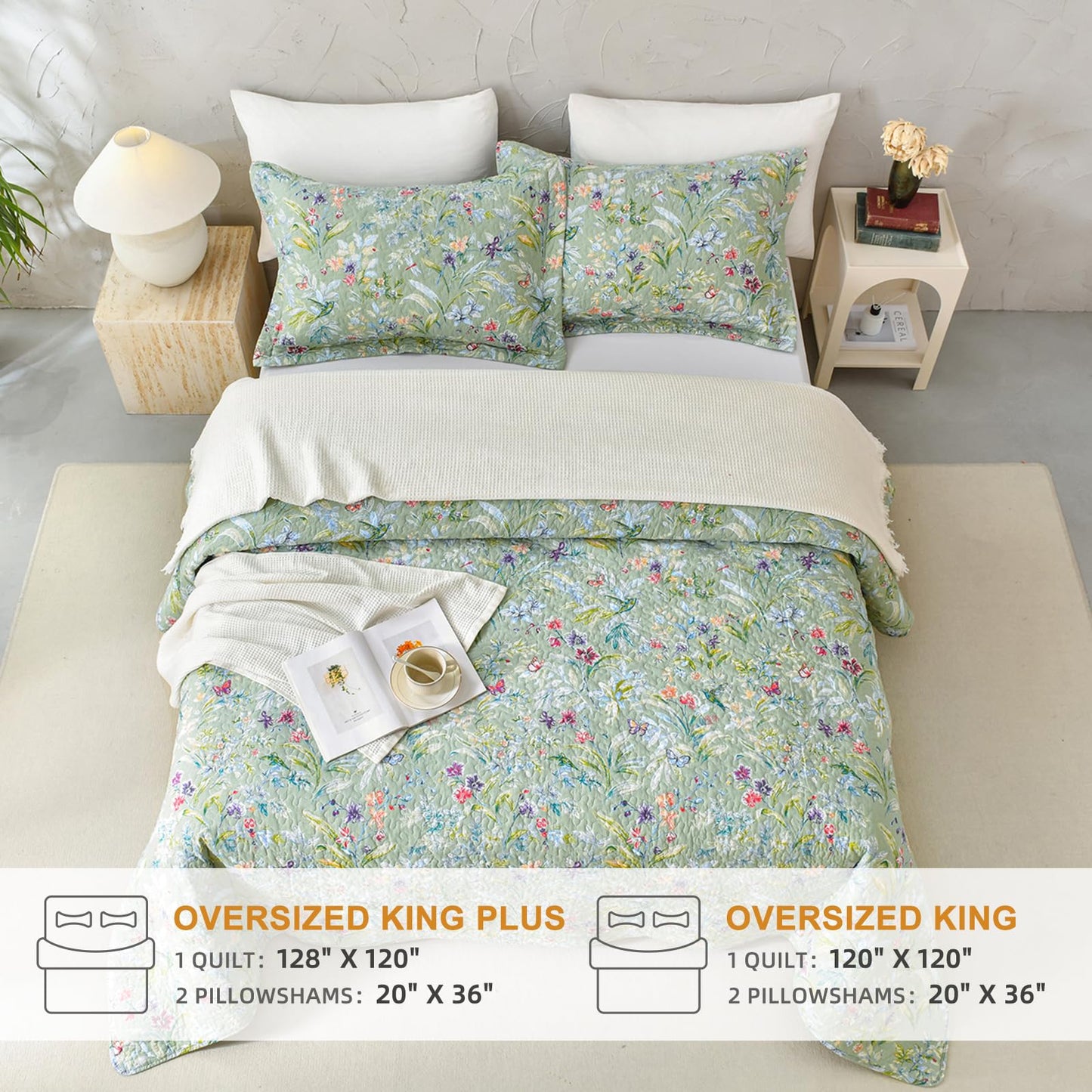 Sanracie Oversized King Bedspread(128"x120"),100% Cotton Green Floral Quilt Set 3Pcs Lightweight Flower Bird Butterfly Print Botanical Bedding Coverlet California King Size Extra Large Wide