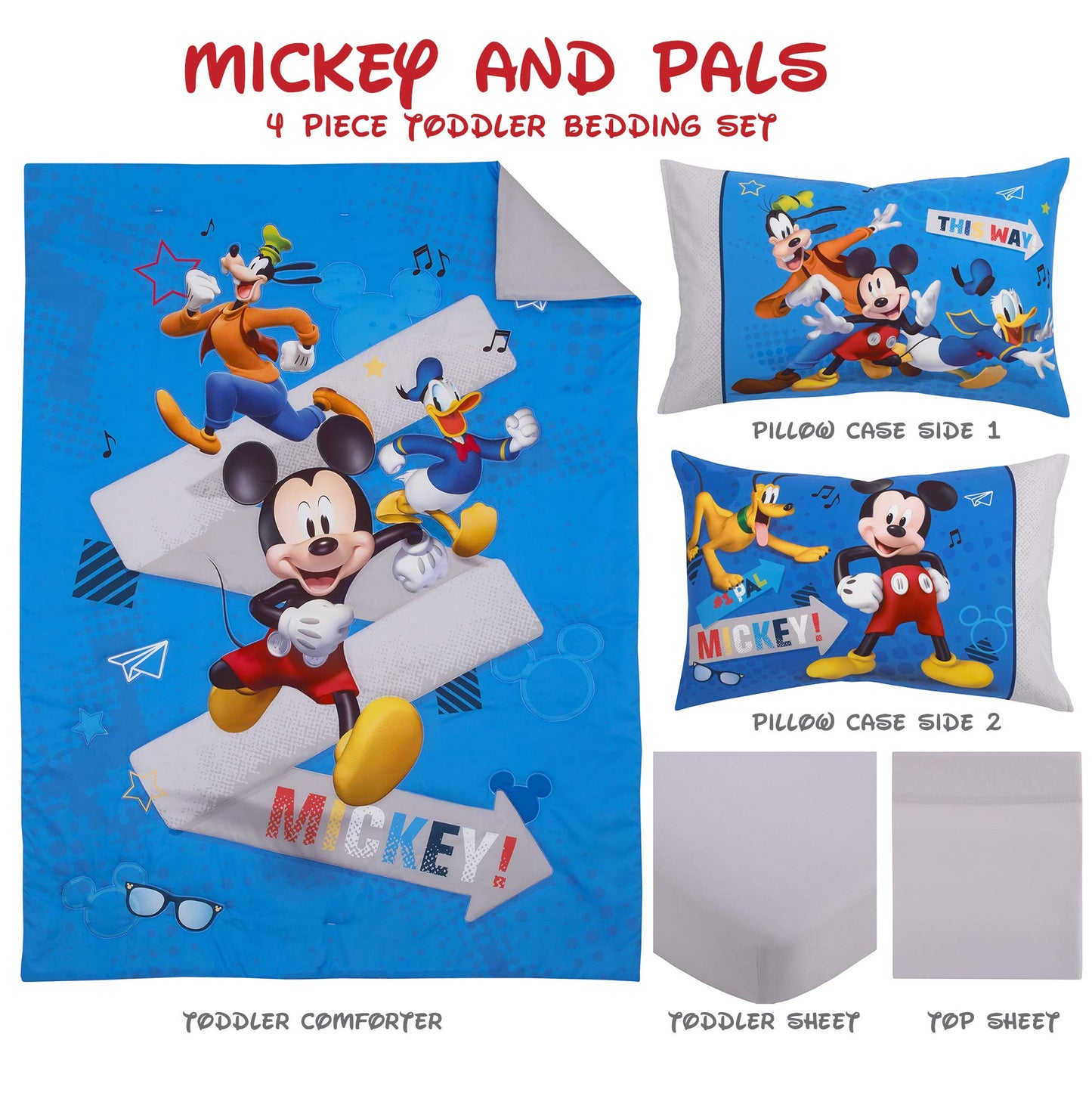 Disney Mickey Mouse and Pals 4 Piece Toddler Bedding Set - Fitted Sheet, Pillow Case, Top Sheet, and Comforter Quilt - Blue