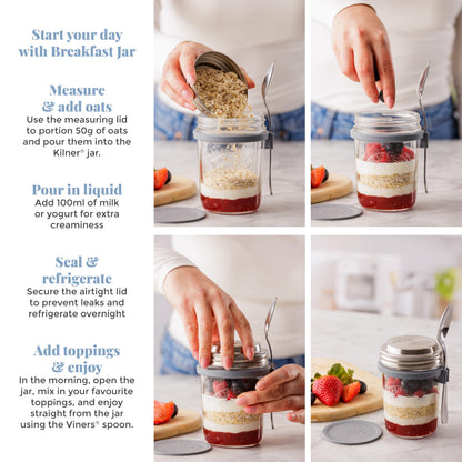 Kilner 0.35 Litre Breakfast Jar Set with Stainless Steel Spoon and Measuring Lid Perfect for Overnight Oats, Yogurt, Smoothie Bowls, Granola, Chia Pudding