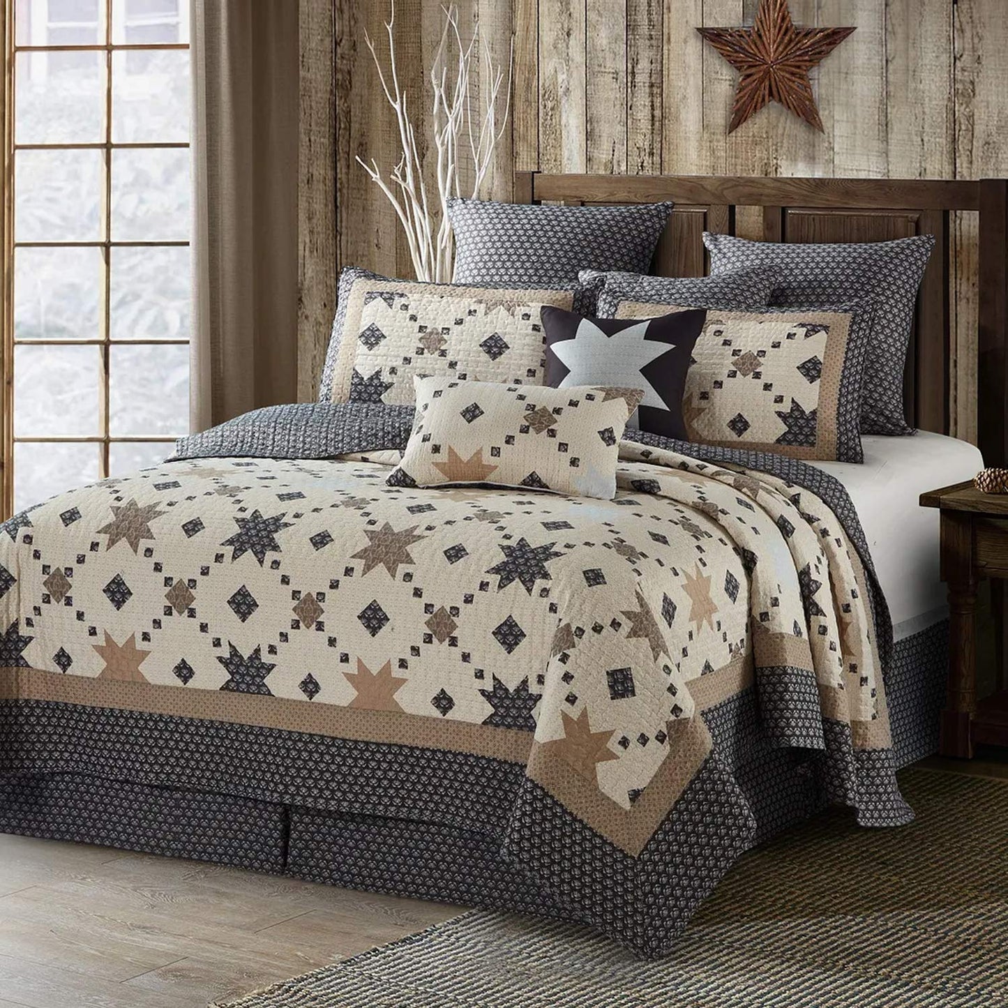 Virah Bella 3 Piece Full/Queen Cabin Quilt Bedding Set - Midnight Star - Rustic Country Reversible Patchwork Comforter Set with Decorative Pillow Shams