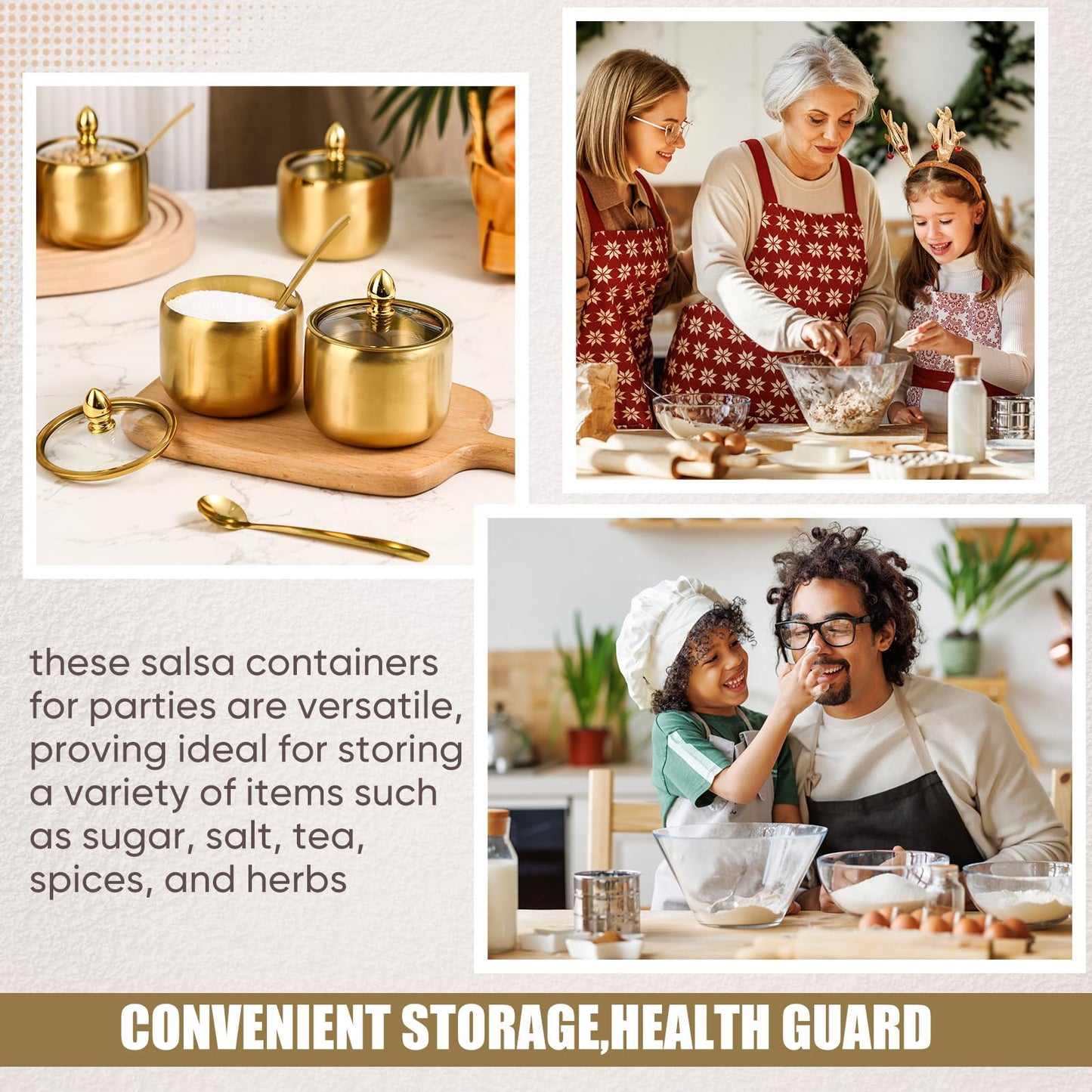 Baderke 4 Pcs 9.8 oz Stainless Steel Sugar Bowl Sugar Container Condiment Dispenser with Lid and Spoon with Tag for Spice Coffee Tea Pepper Herbs(Gold)