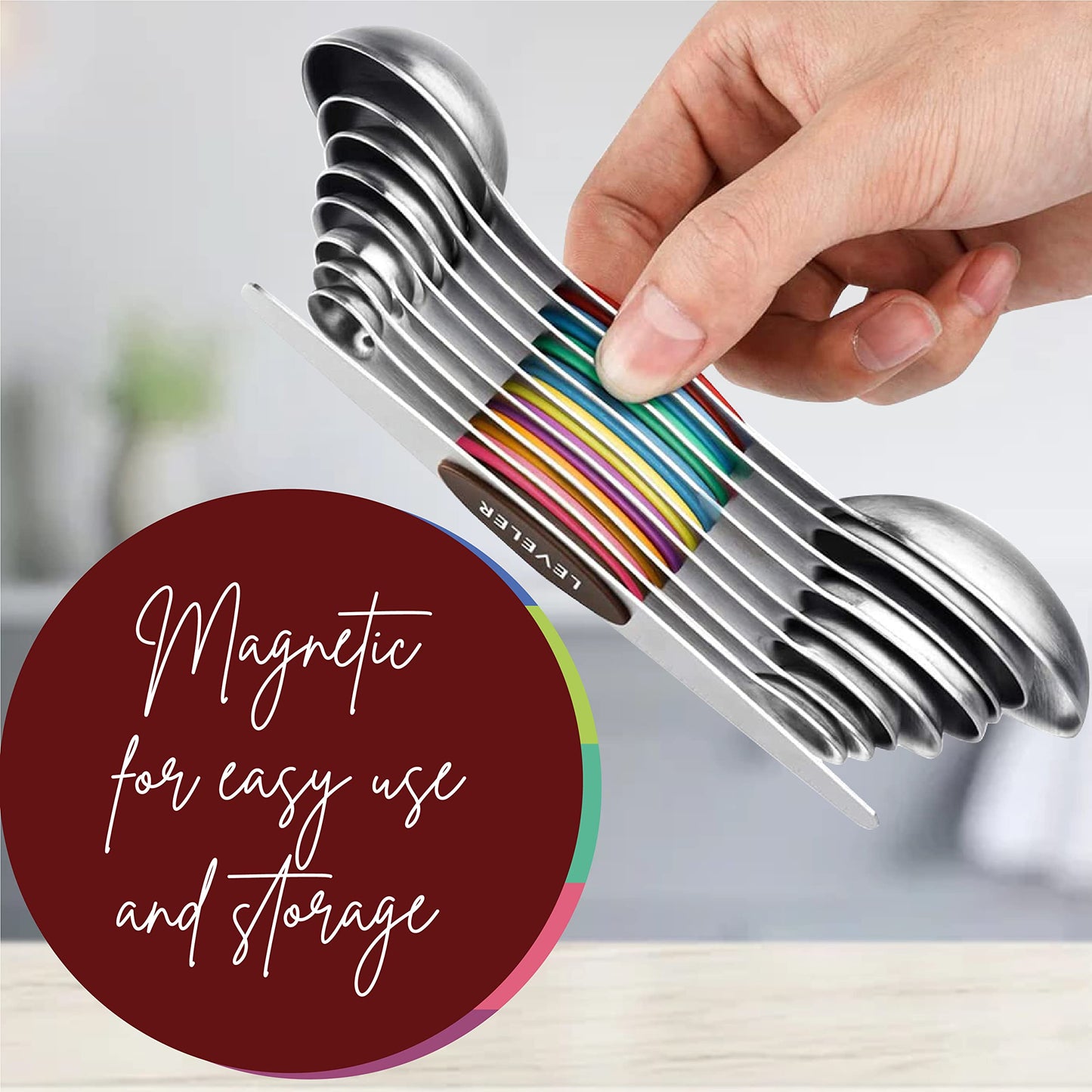 Magnetic Measuring Spoons Set of 9 Stainless Steel Dual-Sided Stackable Measuring Spoon Nesting Teaspoons Measuring Dry and Liquid Ingredients, Fits in Spice Jars Set of 9 (Multicolor)