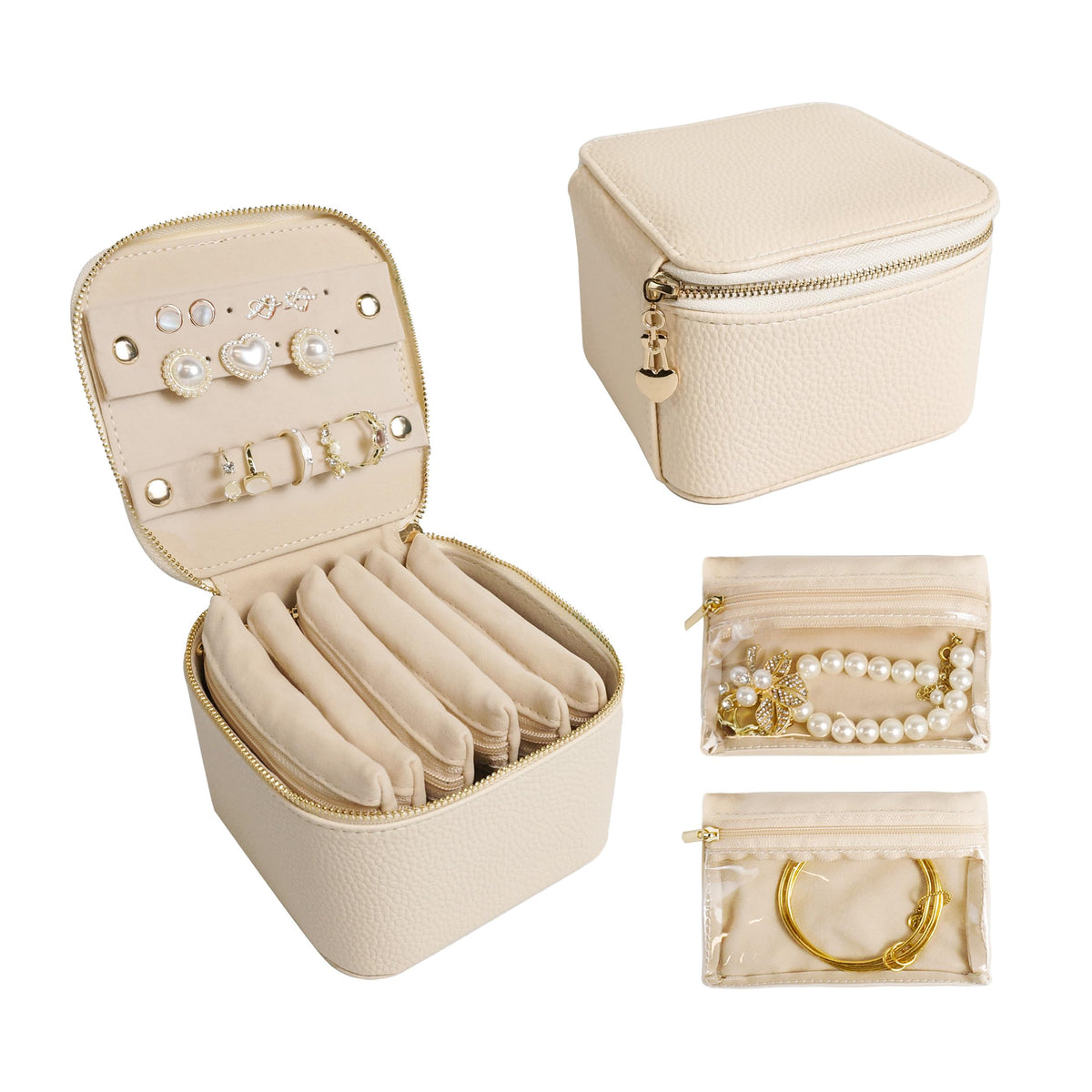 WATANIYA HOME Travel Jewelry Case, Small Travel Jewelry Box with 6 Velvet Jewelry Bag Mini Pouch, Portable Travel Jewelry Organizer for Rings Earrings Necklaces, Beauty Gifts for Women Girls (Beige)
