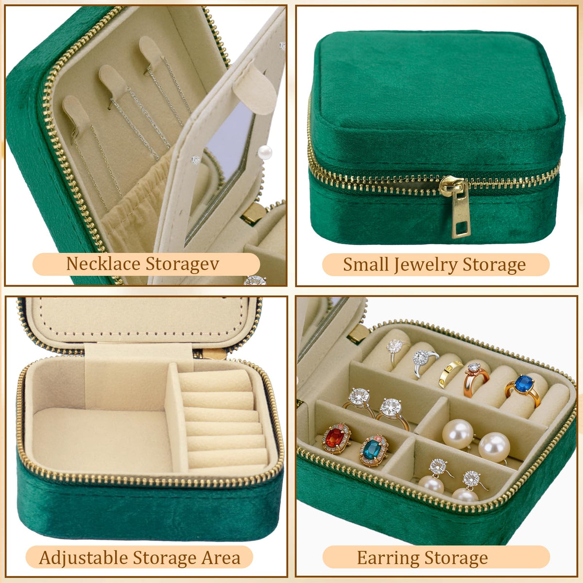 SRYTCYDA 4PC Travel Jewelry Box, 3.93" × 3.93" Portable Small Velvet Jewlery Organizers and Storage with Mirror, Travel Jewellery Case Gift for Women for Stud Earrings, Rings, Necklaces (Dark green)