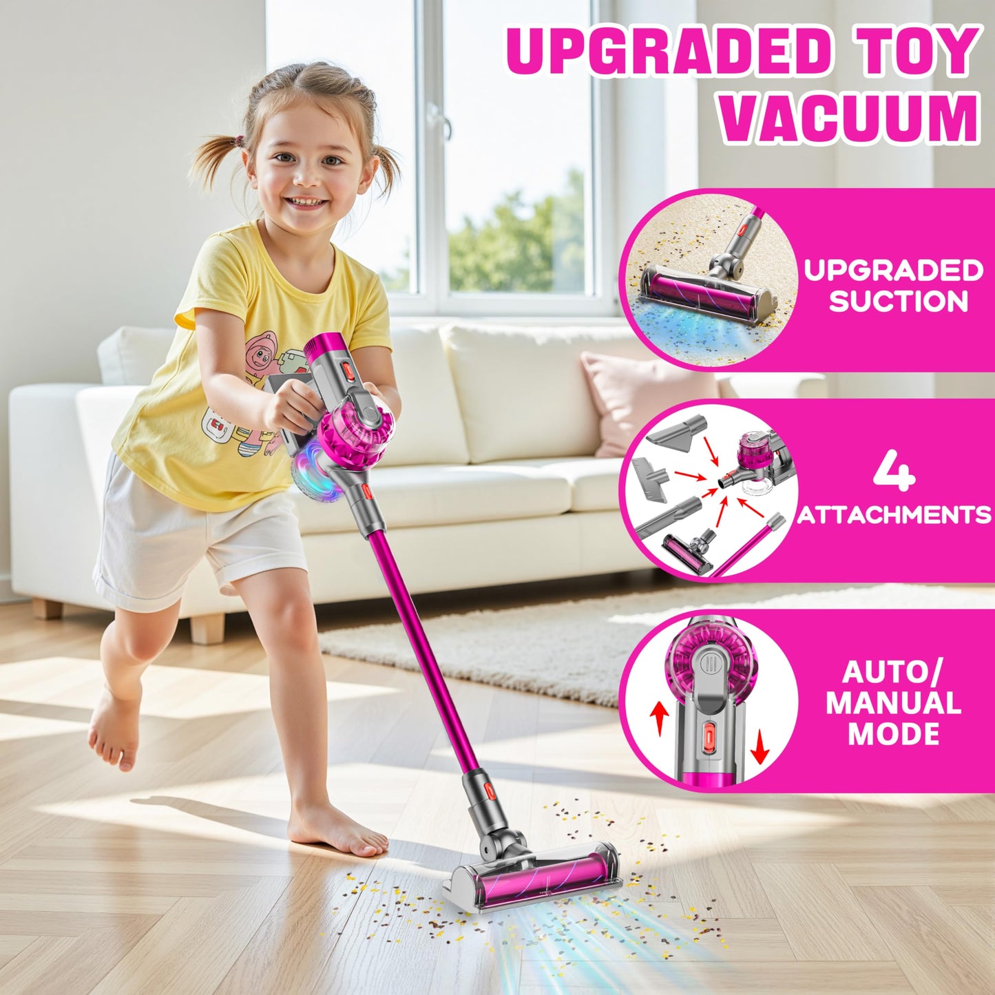 BLAXTEM 4-in-1 Kids Toy Vacuum that Works with Suction, Electric Toy Toddler Vacuum Cleaner for Children Girls & Boys, Toddlers Toys Cleaning Set for Pretend Play (Rose Red)