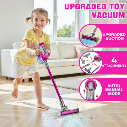 BLAXTEM 4-in-1 Kids Toy Vacuum that Works with Suction, Electric Toy Toddler Vacuum Cleaner for Children Girls & Boys, Toddlers Toys Cleaning Set for Pretend Play (Rose Red)