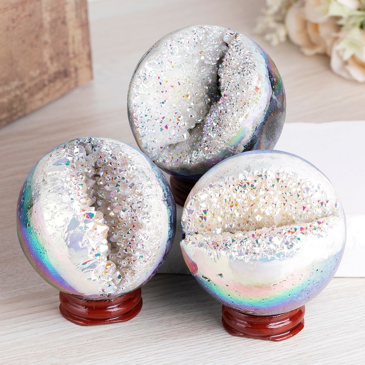 Rockcloud Titanium Coated White AB Quartz Crystal Sphere with Wood Stand, Natural Rock Crystal Geode Ball for Divination Home Decor, 61-70mm