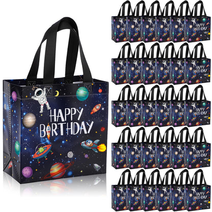 Tiamon 30 Pcs Outer Space Birthday Party Favor Bags Bulk Space Happy Birthday Gift Bags with Handles Reusable Non Woven Planet Goodie Treat Astronaut Present for Galactic Solar System Party Supplies