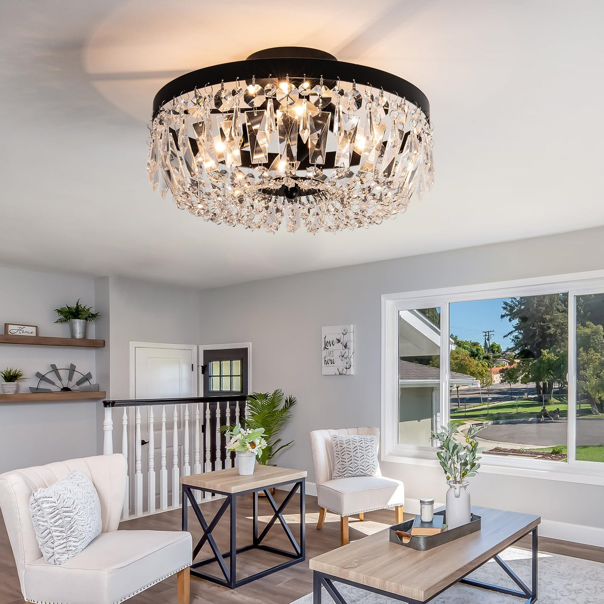 KSRYSZCQ Black Crystal Ceiling Light, 15''Modern Semi Flush Mount Ceiling Light Fiture 4-Light Crystal Chandelier with E12 Bulb for Dining Room, Kitchen Island, Bedroom Hallway