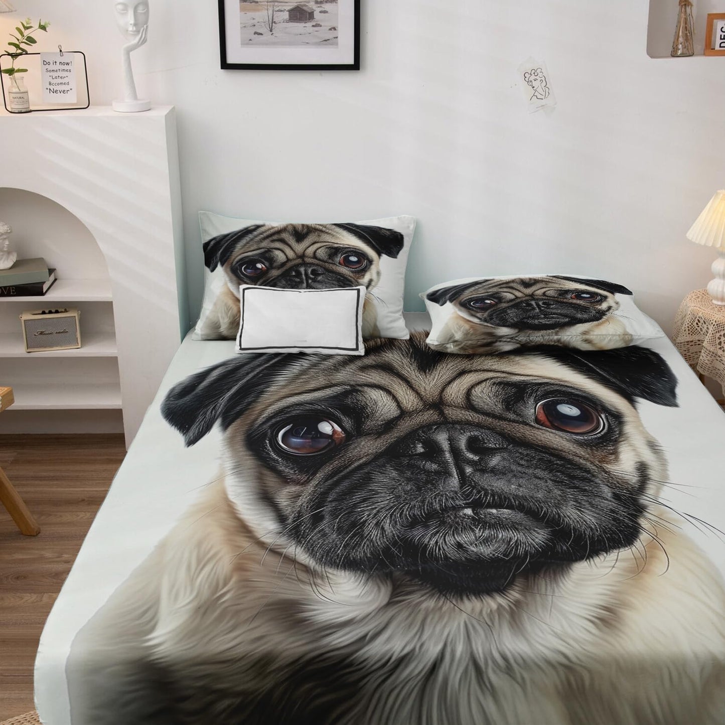 zcsm Pug Sheets Queen Size - Dog Bed Sheets, Soft Microfiber & Deep Pocket & Wrinkle Free Patterned Bedding Sheets & Pillowcases, 4 Piece (1 Fitted Sheet, 1 Flat Sheet, 2 Pillow Cases)