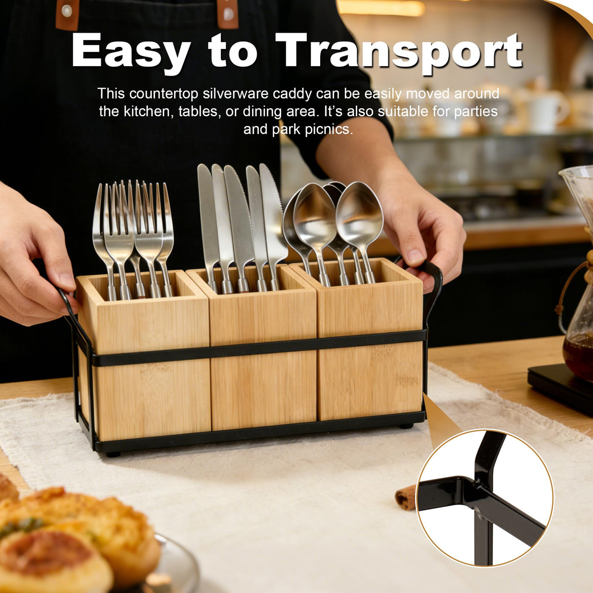 Utensil Holder for Kitchen Countertop, 3 Compartments Detachable Utensils Caddy, Wooden Utensils Organizer for Silverware, Spatula, Fork, Knife, Cutlery Storage, Counter Cooking Utensil Crock