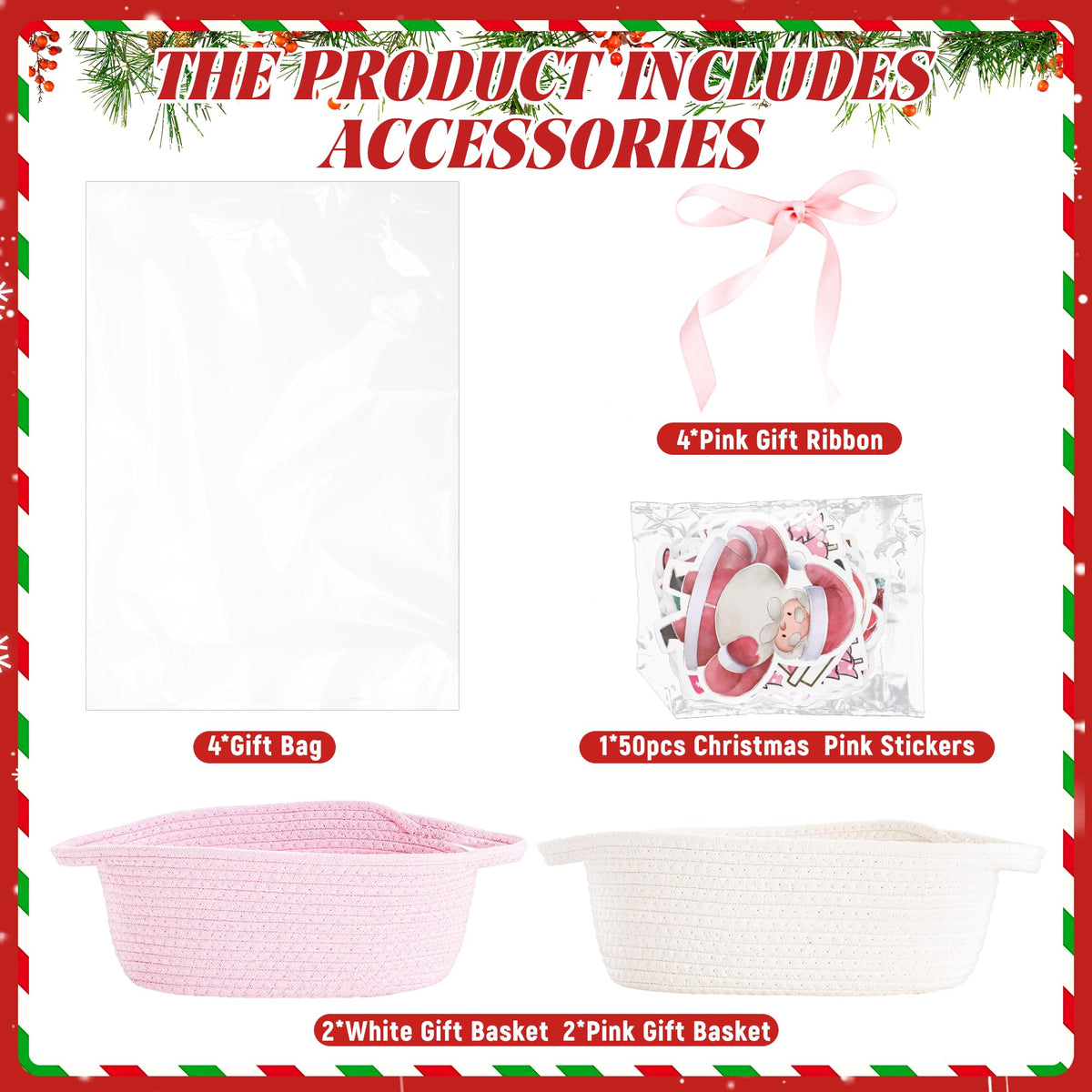 4pcs Valentines Day Gift Basket Empty, Pink Woven Basket with Handles, Decorative Rope Woven Storage Basket Valentines Gift Baskets with Gift Bags Sticker and Ribbons for Empty Decorative Gift Box