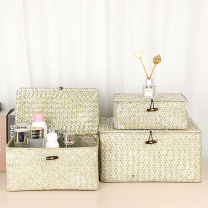 Hipiwe Wicker Shelf Baskets Bin with Lid Natural Seagrass Basket Storage Boxes Small Woven Basket Multipurpose Home Organizer Bins Box for Shelf Closet Bedroom Living Room Home Decor, Whitewash