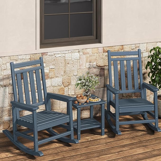 HDPE Rocking Chair Outdoor Set of 2 with Side Table - Poly High Back Porch Rocker Chairs for Adults - All Weather Resistant Furniture for Patio Front Porch - Navy Blue