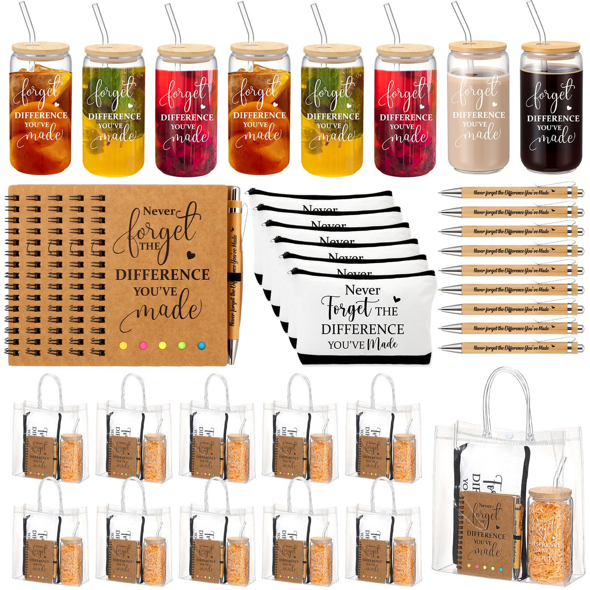 Yeyeplum 60 Pcs Employee Appreciation Gifts Bulk Inspirational Glass Cup Makeup Bag Bamboo Pen Motivational Notebook and Bag for Volunteer Lab Week Teachers Nurses Office Staff (Never Forget)