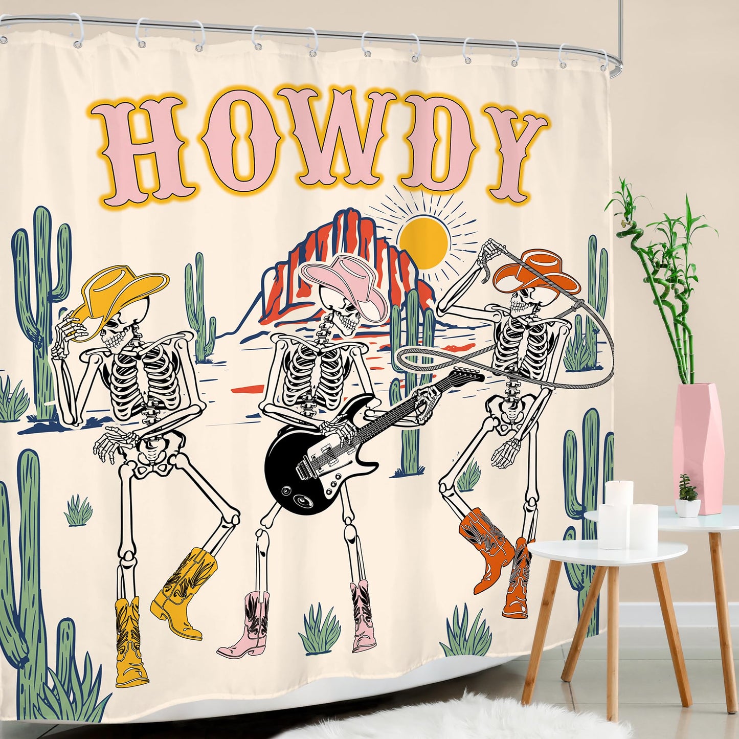 Mitpok Halloween Western Cowboy Skull Shower Curtain Funny Skeleton Retro Cowgirl Texas Howdy Funky Groovy Wild West Desert Gothic Cool Mountain Cactus 72Wx72H Bathroom Decor Bath Curtain 12 Pack Hook