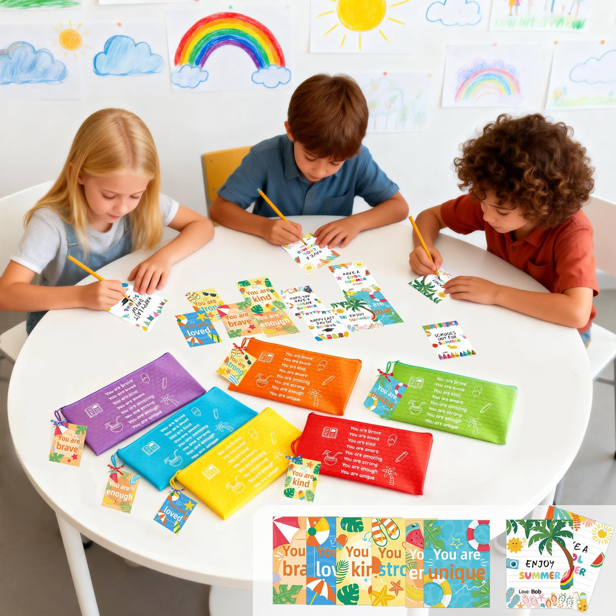 30 Sets 62Pcs End of Year Student Gifts from Teacher, Inspirational Rainbow Pencil Pouches Bulk, Summer Greeting Cards with Ribbons, Perfect for Classroom Rewards, Graduation and Summer Party Gifts
