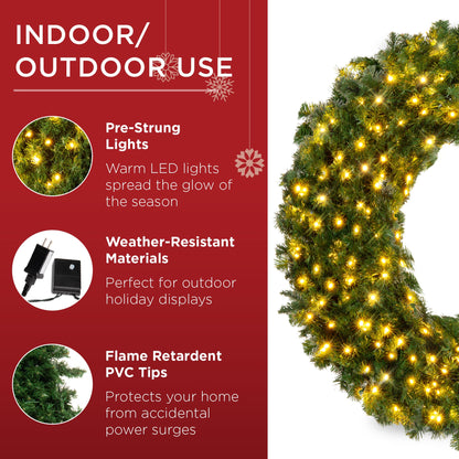 Best Choice Products 30in Large Artificial Pre-Lit Fir Christmas Wreath Holiday Accent Decoration w/ 100 LED Lights, 220 PVC Tips