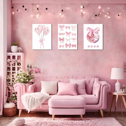 Preppy Pink Bow Canvas Wall Art, Trendy Bows Coquette Room Wall Decor Paintings, Pink Girly Disco Aesthetic Posters Prints Pictures for Girls Dorm Bedroom 16x24 Inch Framed