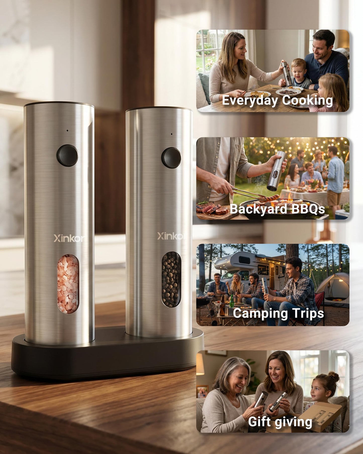 XINKOR Electric Salt and Pepper Grinder Set with USB-C Charging Base, Stainless Steel Automatic Rechargeable Salt and Pepper Grinder with LED Light & Large Capacity, 6 Adjustable Coarseness Settings