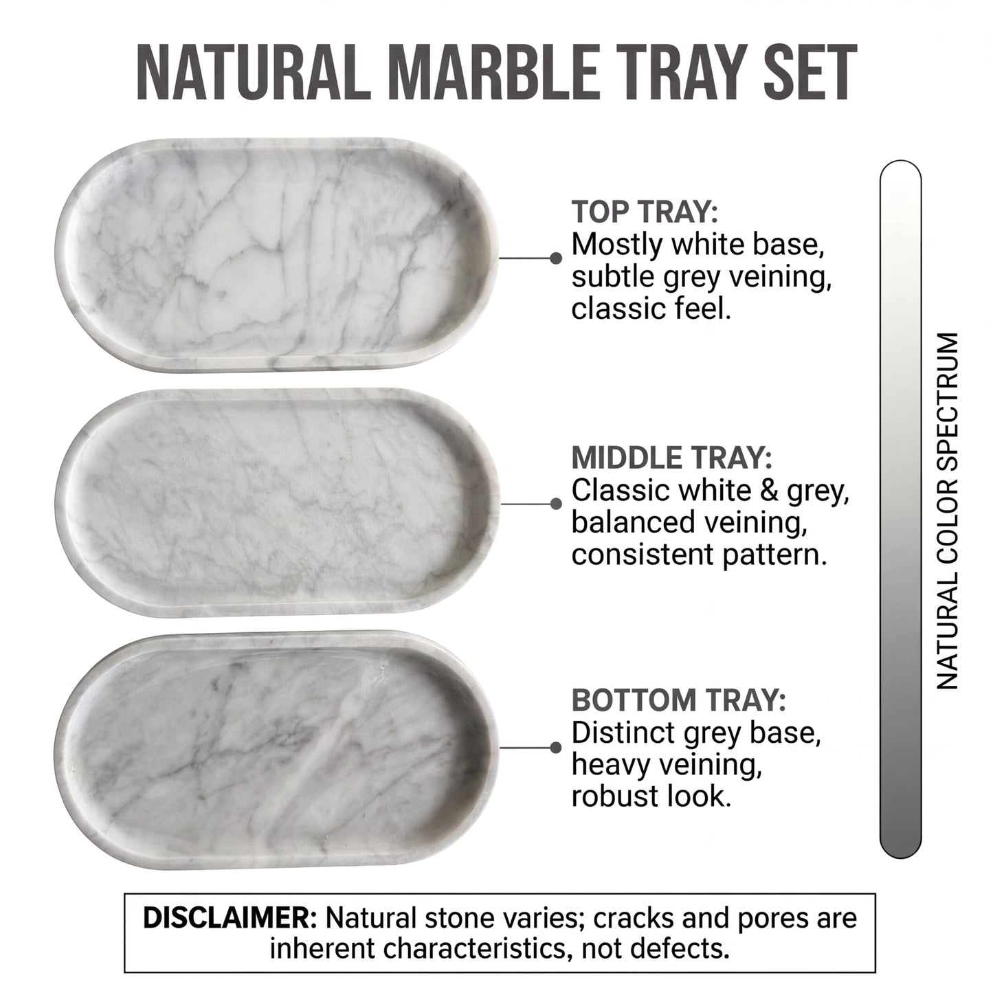 YKAJO Oval Real Marble Tray for Bathroom Kitchen Counter Stone Decorative Vanity Tray for Dresser Perfume Heavy Catchall Organizer for Soap Jewelry (Carrara White, 11.8" x 5.9")