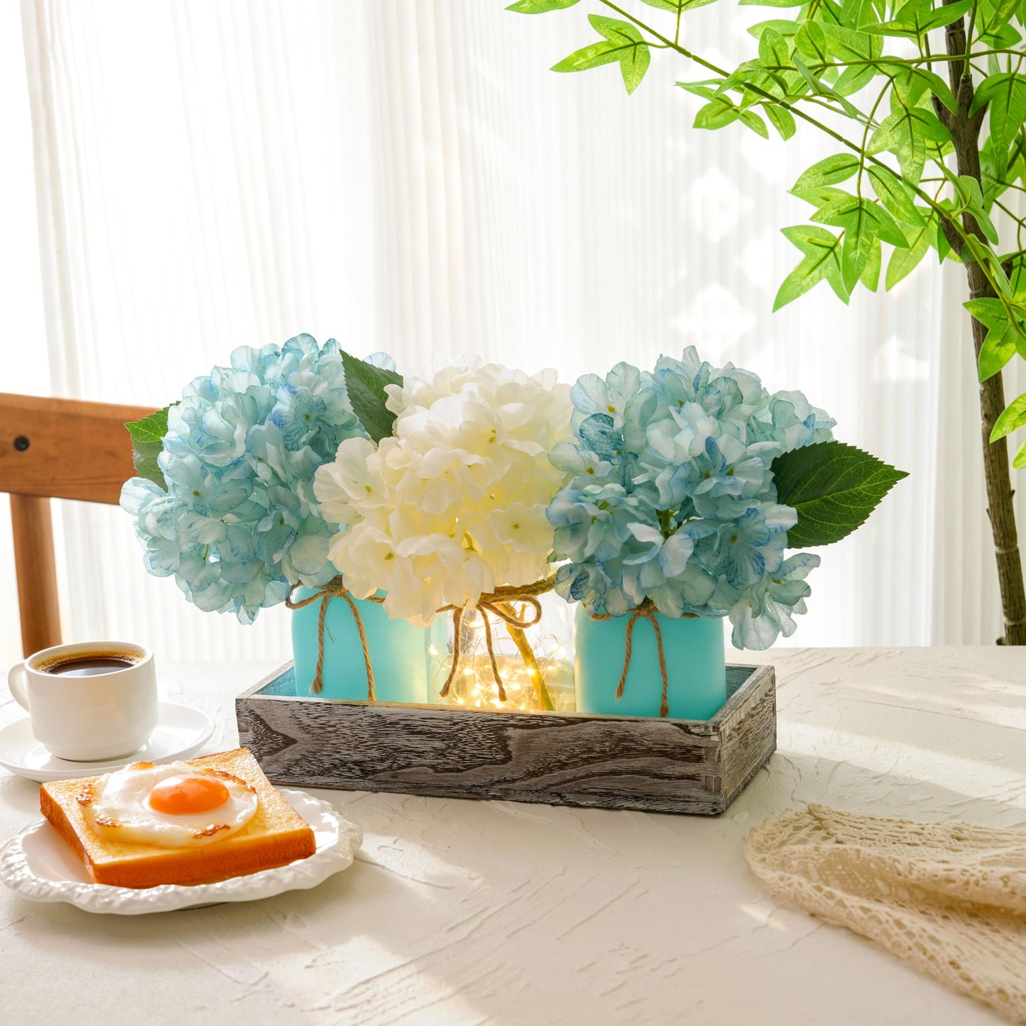 Coastal Beach Decor, Mason Jar Lights Beach Party Themed Decorations Centerpieces with Hydrangea, Sarfish Decor, Wood Tray, Coastal Beachy Table Summer Decoration for Dining Room Coffee Kitchen