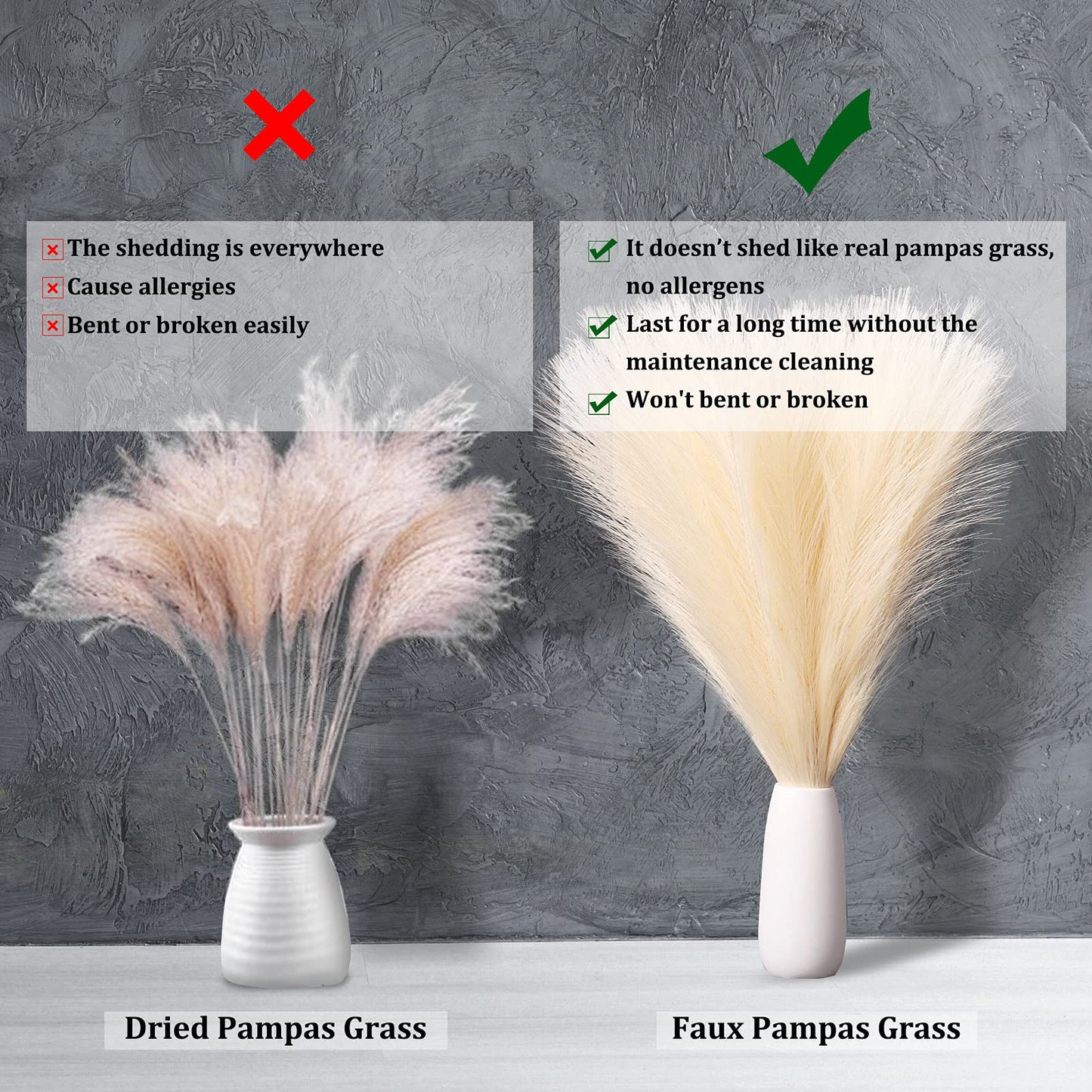 EVODIS Faux Pampas Grass, 18"/45cm Artificial Pampas Grass Fluffy 6 Stem pompous Grass Flower Arrangement for Boho Home Wedding Decoration(Grey)