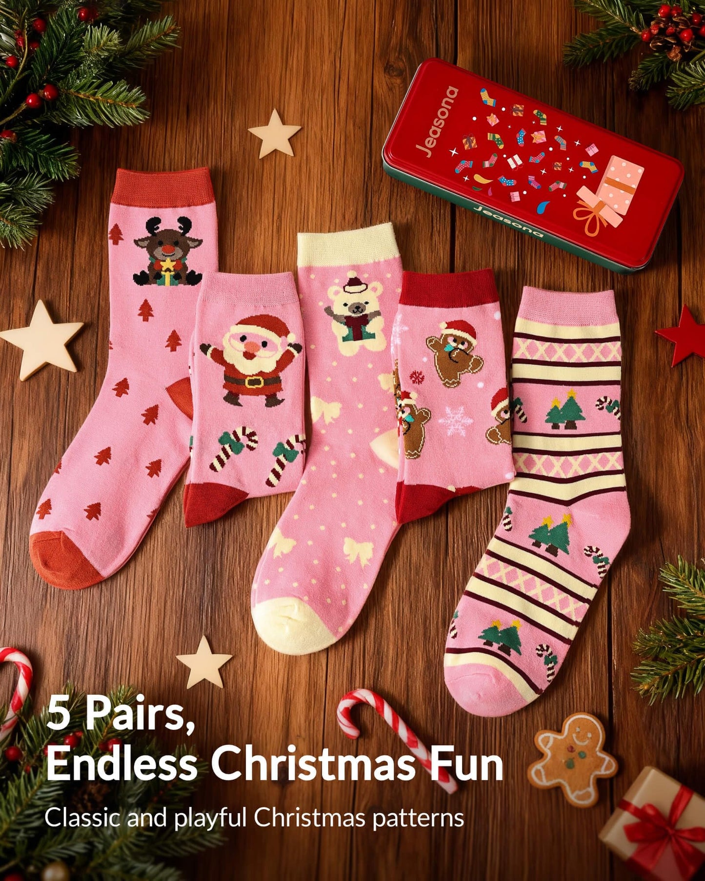 Jeasona Pink Christmas Socks for Women Girls Pink Gifts Christmas Holiday Socks