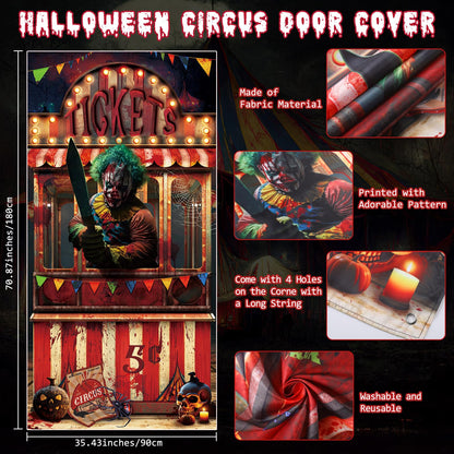 WovWeave 3 Pcs Halloween Creepy Carnival Decorations Include 2 Evil Circus Porch Banner and Scary Ticket Booth Circus Theme Door Cover for Halloween Backdrop Hanging Theme Party Outdoor Decorations