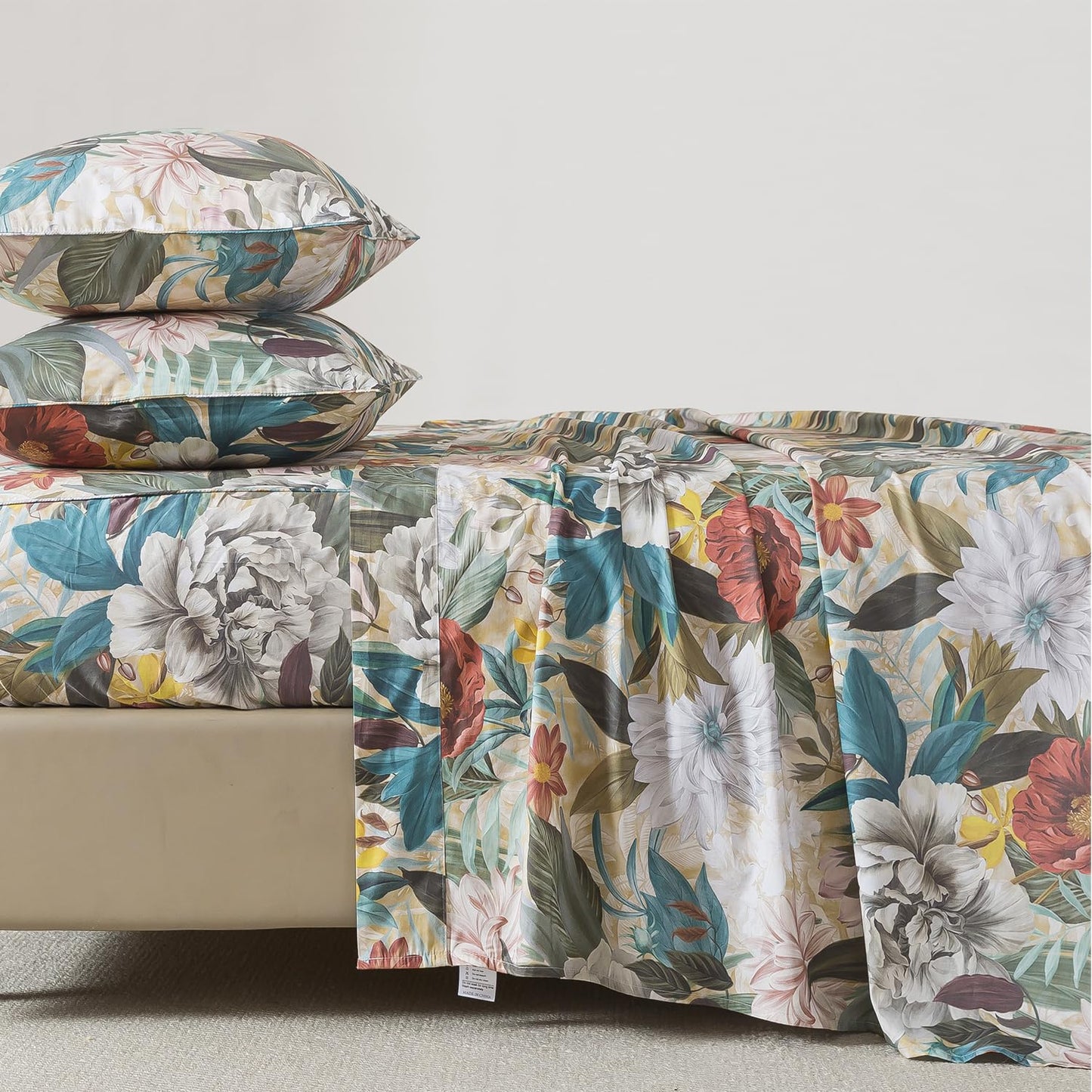 FADFAY California King Sheet Set, 100% Cotton Sateen Soft Breathable, Luxury Vintage Floral Bed Sheets, Deep Pocket Fitted Sheet, Classic Garden Style Bedding, 4 Pieces