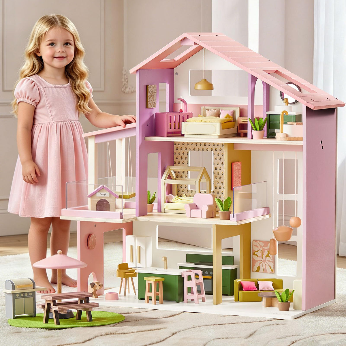 Tiny Land Wooden Dollhouse Garage Set，Wooden Doll House