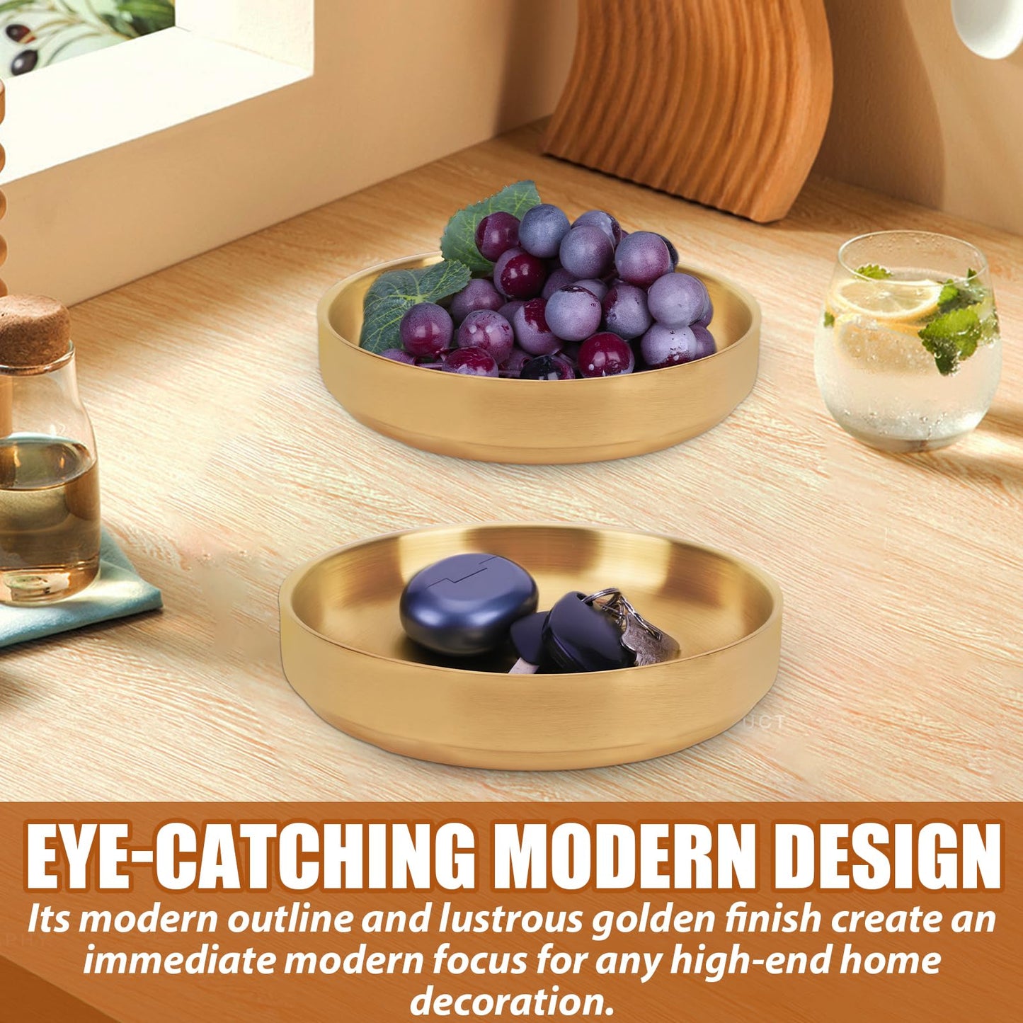 Key Bowl for Entryway-2 Pack Gold Table Decorative Key Dish for Organizing Tabletop Catch All Bowl Gold Fruit Bowls for Kitchen Counter, Coffee Table-Thick SUS 304 Stainless Steel 6.3"