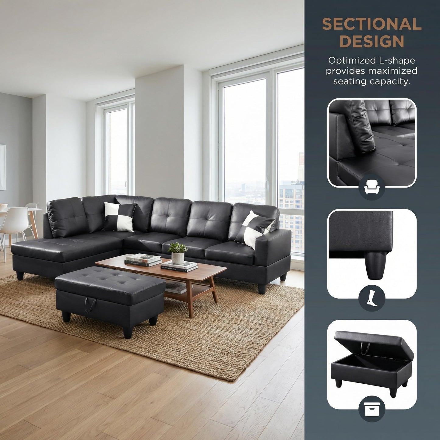 Trygoal 103.5" Modular Leather Sectional Sofa, 4-Seat L-Shaped Couch with Chaise & Storage Ottoman, 3-Piece Convertible Living Room Furniture Set for Apartment Office, Black