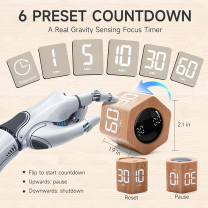 Exlliy Productivity Timer 1, 5, 10, 30, 60 Minutes Preset, Desk Cube Timer with Gravity Sensor/Mute/Vibration for ADHD, Work, Study, Kitchen, Back to School (Wood Grain)