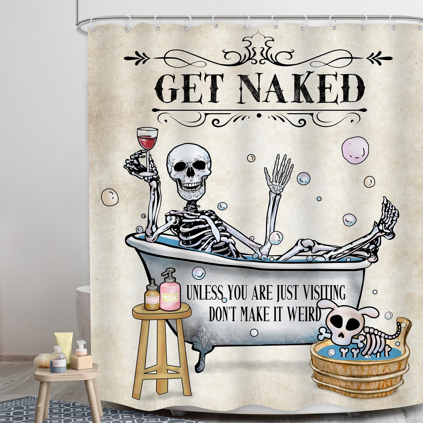 LGhtyro Funny Skull Skeleton Shower Curtain Gothic Spooky Cool Unique Hilarious Bone in Bathtub Bubbles Dog Halloween Bathroom Set 60Wx71H Inches Bath Accessories Art Home Decor Fabric 12 Pack Hooks