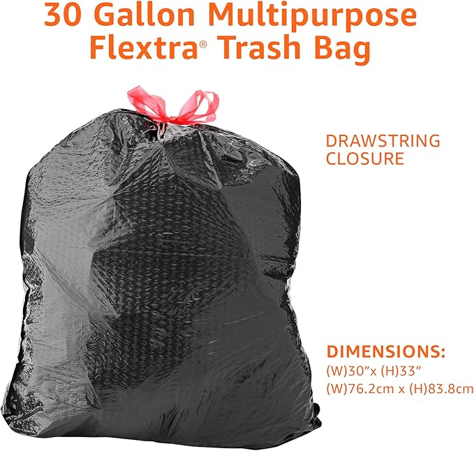 Amazon Basics Flextra Multipurpose Drawstring Trash Bags, 30 Gallon, Tear