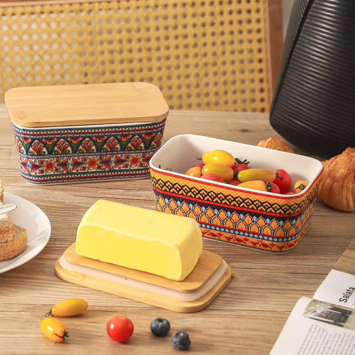 Tikooere Ceramic Butter Dish with Lid,Large Butter Container with Airtight Cover for Countertop or Refrigerator,Farmhouse Kitchen Butter Holder for New Year Gift,Dishwasher Safe,Green Printing
