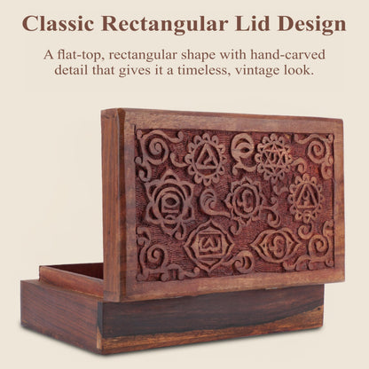 Ajuny Decorative Wooden Jewelry Box Keepsake 8 Inch - 7 Chakra Carving Box for Jewelry, Coins, Tarot Cards, Small Treasures Chest Travel Organizer