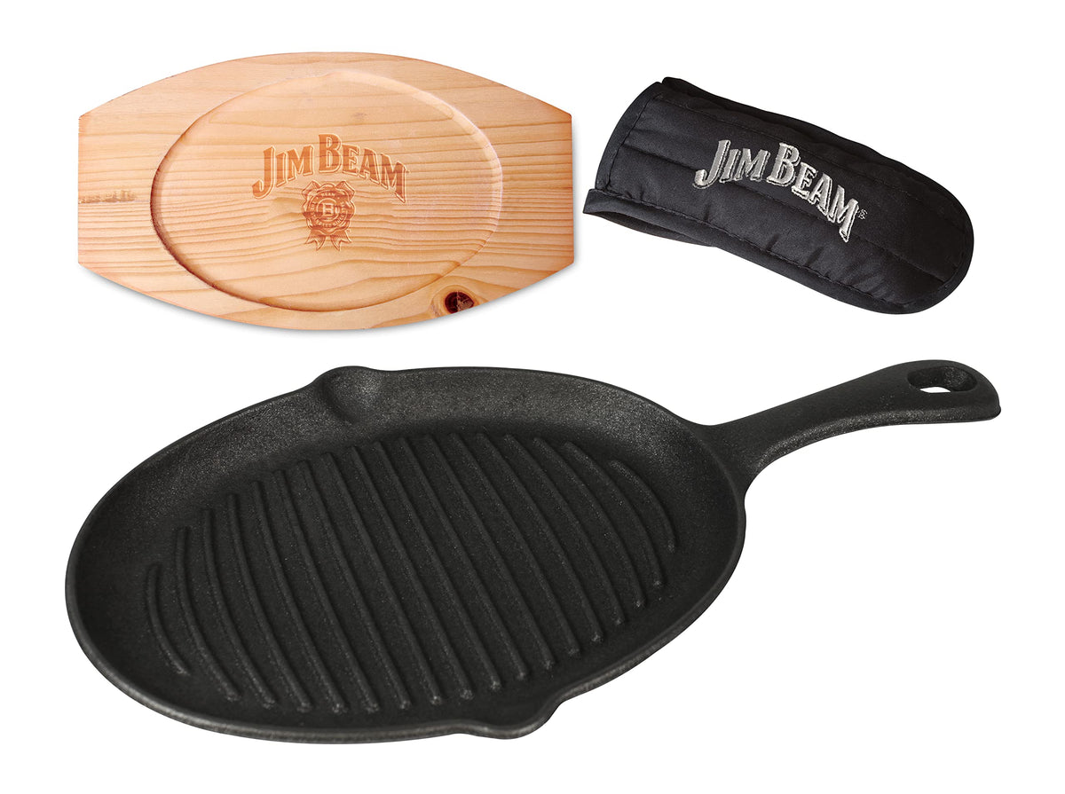 Jim Beam JB0159, Heavy Duty Construction, Pre Seasoned Cast Iron Skillet with Wooden Base and Mitt, Black,Small