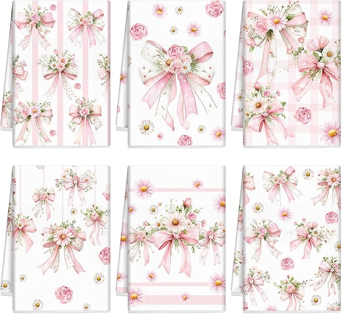 Breling Set of 6 Pink Bow Kitchen Towels Coquette Floral Dish Towel Bathroom